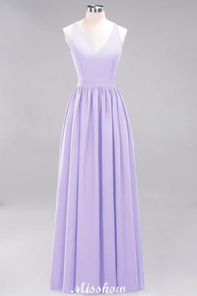 Chiffon Lace A-line Bridesmaid Dresses | V-Neck Sleeveless Floor Length Maid of the Honor Dresses