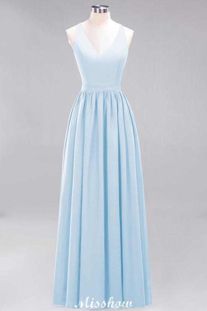 Chiffon Lace A-line Bridesmaid Dresses | V-Neck Sleeveless Floor Length Maid of the Honor Dresses