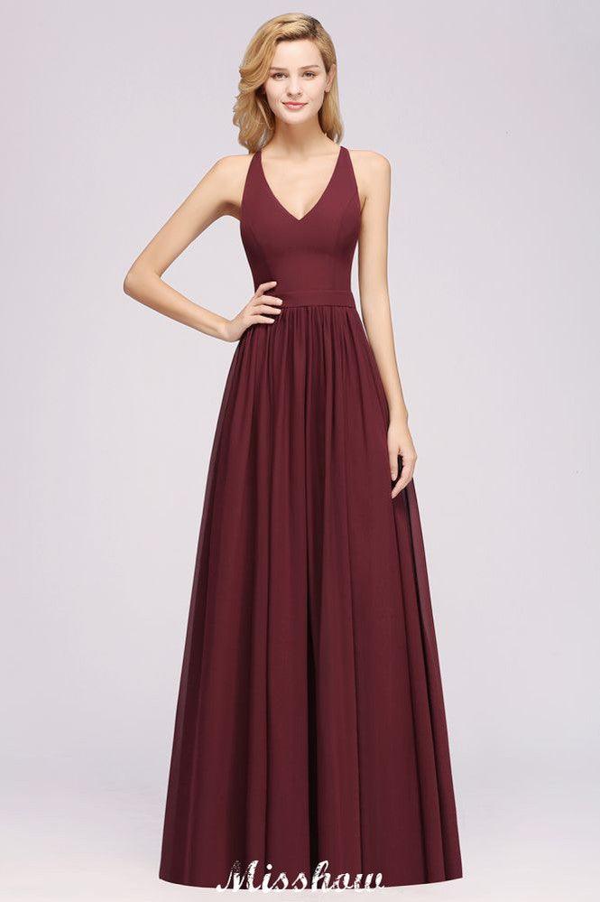 Chiffon Lace A-line Bridesmaid Dresses | V-Neck Sleeveless Floor Length Maid of the Honor Dresses