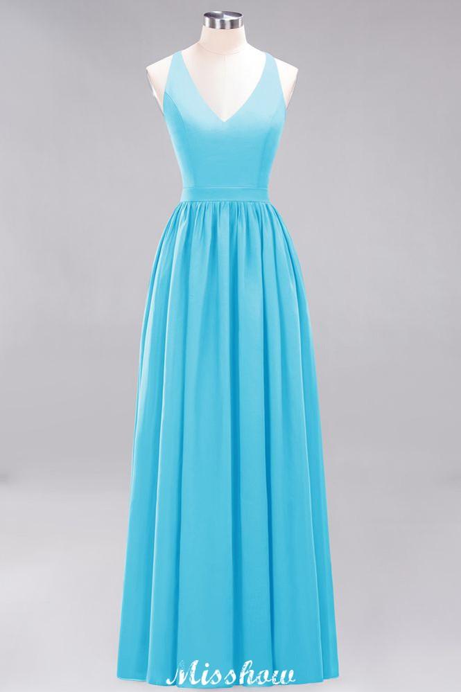 Chiffon Lace A-line Bridesmaid Dresses | V-Neck Sleeveless Floor Length Maid of the Honor Dresses