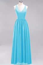 Chiffon Lace A-line Bridesmaid Dresses | V-Neck Sleeveless Floor Length Maid of the Honor Dresses