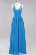 Chiffon Lace A-line Bridesmaid Dresses | V-Neck Sleeveless Floor Length Maid of the Honor Dresses