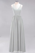 Chiffon Lace A-line Bridesmaid Dresses | V-Neck Sleeveless Floor Length Maid of the Honor Dresses
