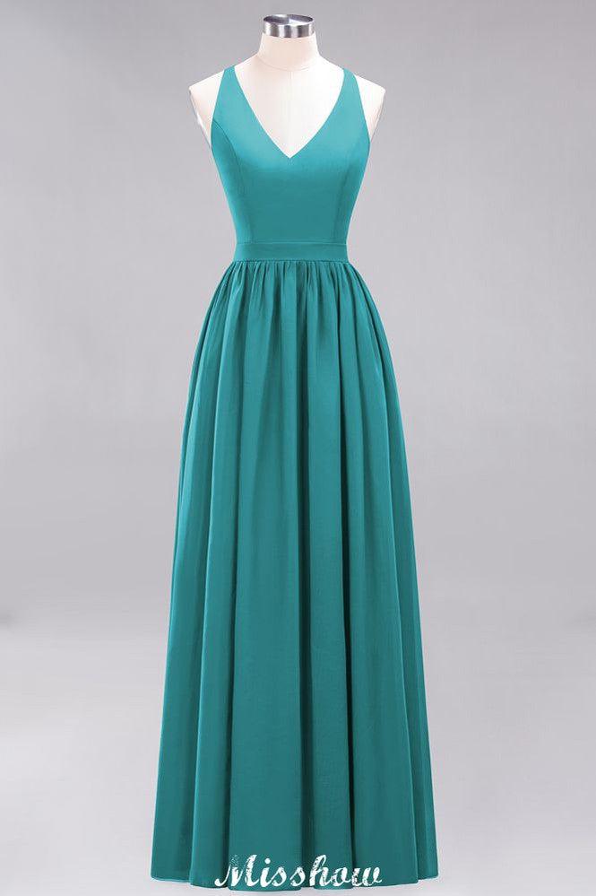 Chiffon Lace A-line Bridesmaid Dresses | V-Neck Sleeveless Floor Length Maid of the Honor Dresses