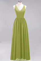Chiffon Lace A-line Bridesmaid Dresses | V-Neck Sleeveless Floor Length Maid of the Honor Dresses