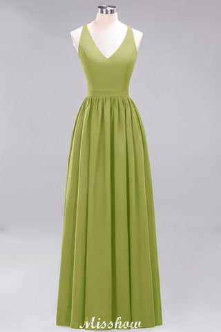 Chiffon Lace A-line Bridesmaid Dresses | V-Neck Sleeveless Floor Length Maid of the Honor Dresses