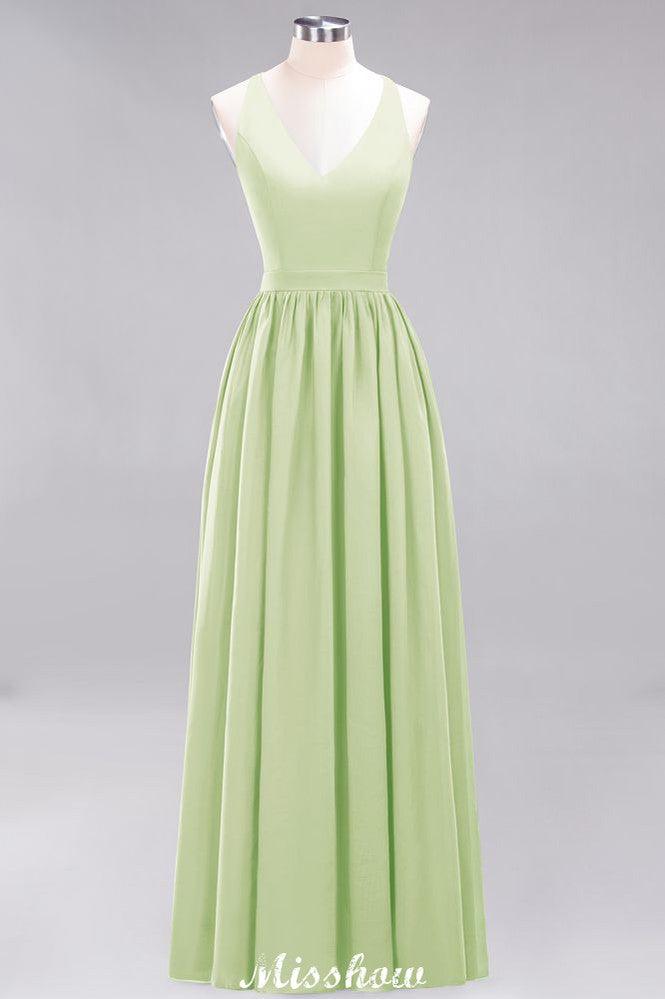 Chiffon Lace A-line Bridesmaid Dresses | V-Neck Sleeveless Floor Length Maid of the Honor Dresses
