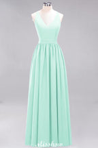Chiffon Lace A-line Bridesmaid Dresses | V-Neck Sleeveless Floor Length Maid of the Honor Dresses