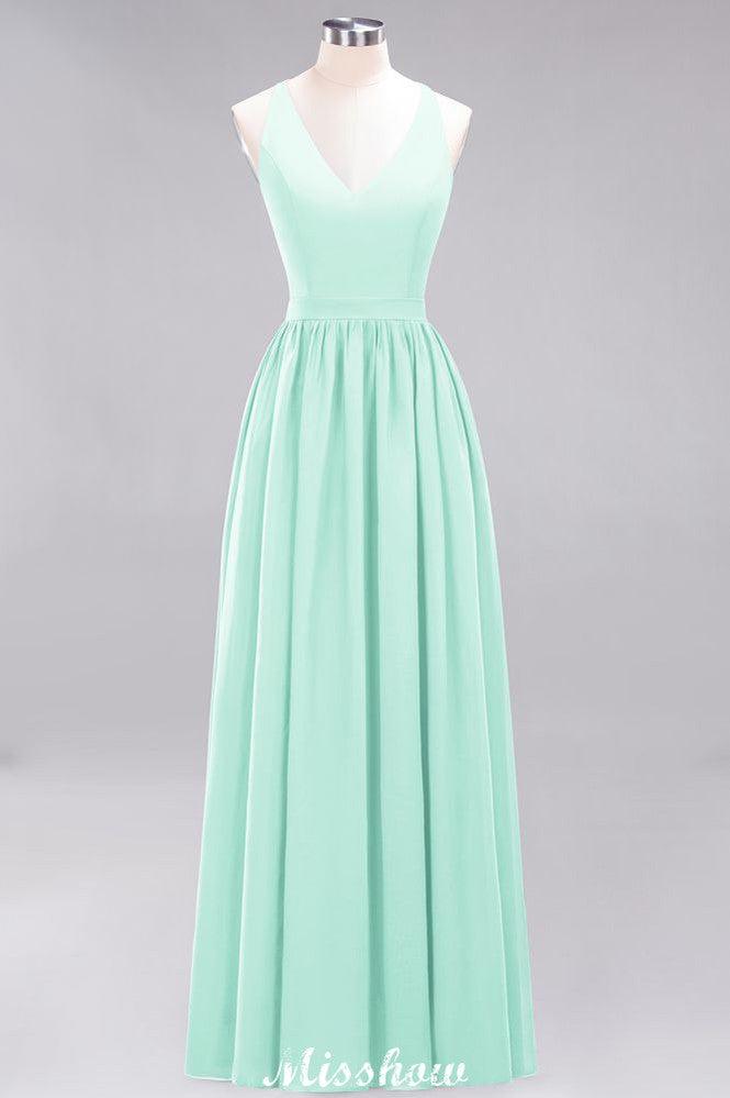 Chiffon Lace A-line Bridesmaid Dresses | V-Neck Sleeveless Floor Length Maid of the Honor Dresses