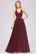 Chiffon Lace A-line Bridesmaid Dresses | V-Neck Sleeveless Floor Length Maid of the Honor Dresses