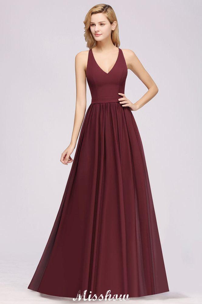 Chiffon Lace A-line Bridesmaid Dresses | V-Neck Sleeveless Floor Length Maid of the Honor Dresses