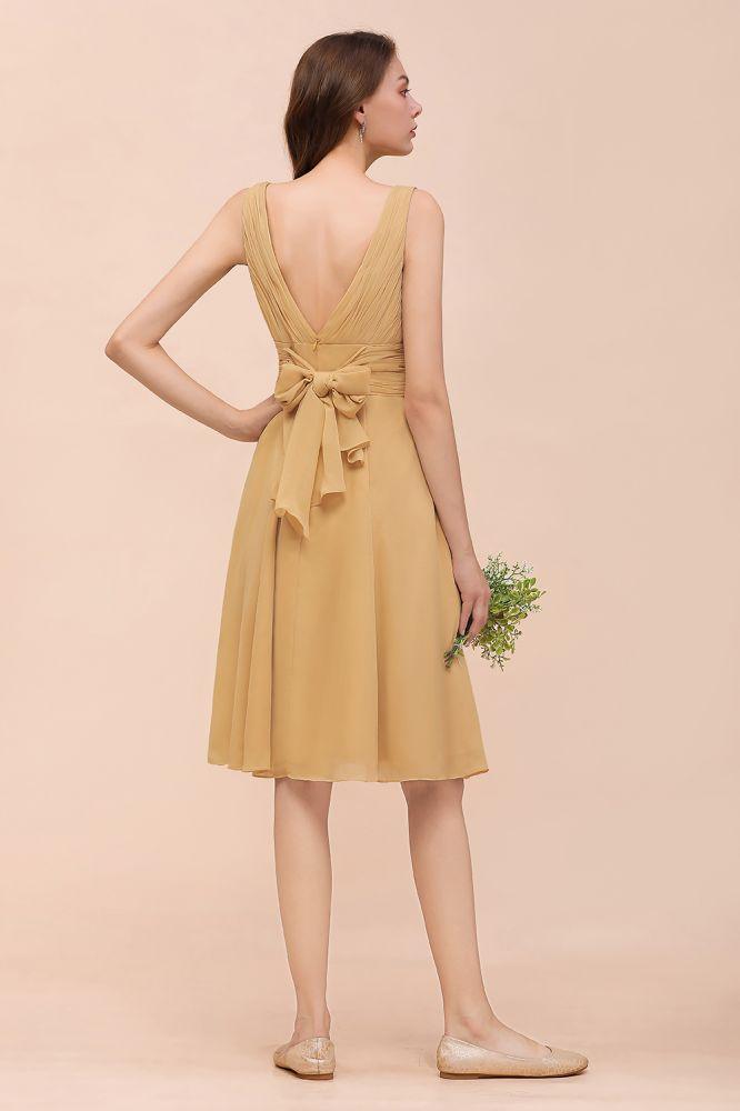 Chiffon Mini Golden Bridesmaid Dress Daily Casual Dress Sleeveless V-neck