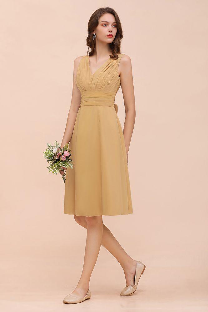 Chiffon Mini Golden Brautjungfernkleid Tägliches Freizeitkleid Ärmellos V-Ausschnitt