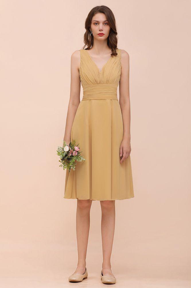 Chiffon Mini Golden Bridesmaid Dress Daily Casual Dress Sleeveless V-neck