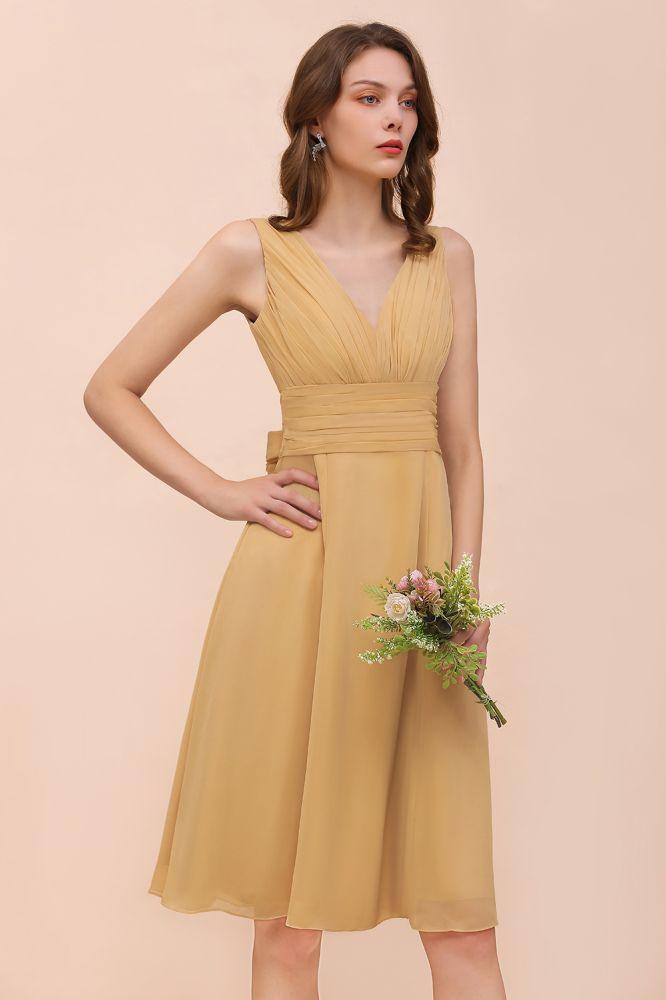 Chiffon Mini Golden Bridesmaid Dress Daily Casual Dress Sleeveless V-neck