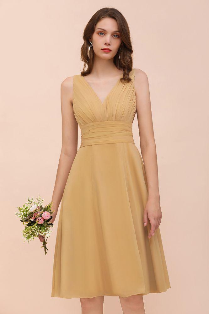 Chiffon Mini Golden Brautjungfernkleid Tägliches Freizeitkleid Ärmellos V-Ausschnitt