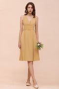 Robe de demoiselle d'honneur mini en mousseline dorée - Robe décontractée quotidienne sans manches à col en V