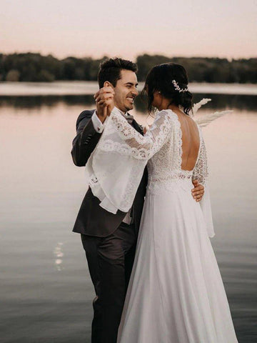Chiffon-Brautkleid mit offenem Rücken und langen Ärmeln, schlichte A-Linie, V-Ausschnitt, Spitze 