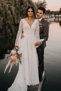 Chiffon-Brautkleid mit offenem Rücken und langen Ärmeln, schlichte A-Linie, V-Ausschnitt, Spitze 