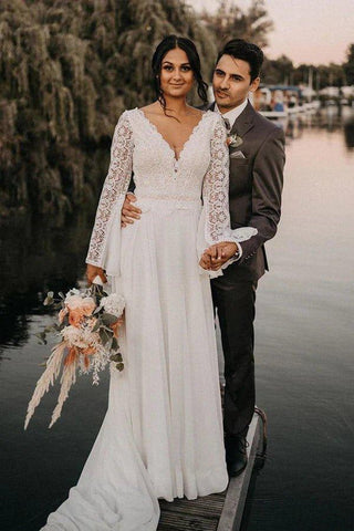 Chiffon-Brautkleid mit offenem Rücken und langen Ärmeln, schlichte A-Linie, V-Ausschnitt, Spitze 