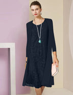 Zweiteiliges Etuikleid/Säulenkleid für die Brautmutter, formelle Hochzeitsgäste, eleganter U-Ausschnitt, knielang, Chiffon, Spitze, halbe Ärmel, Jackenkleider mit Applikationen