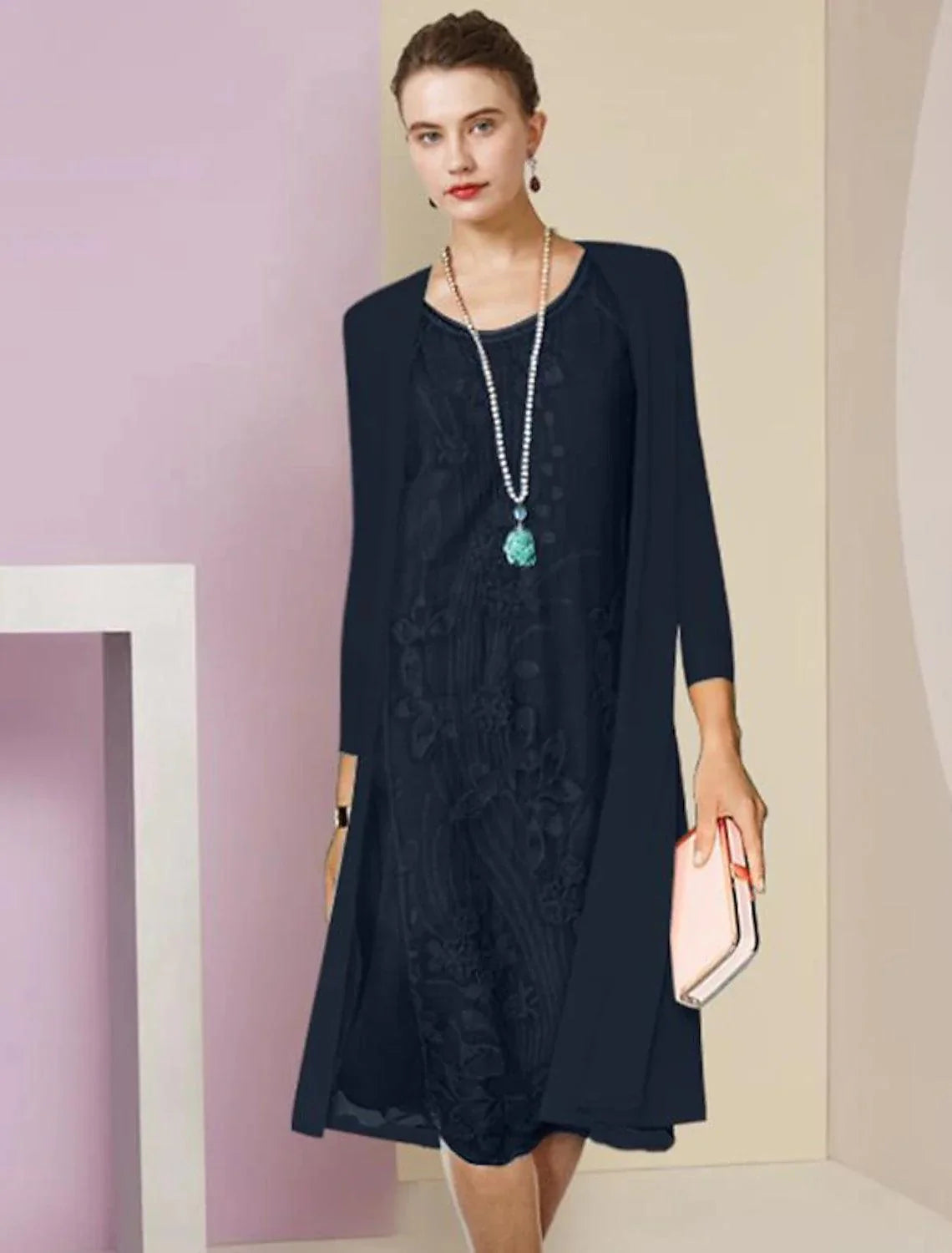 Vestido de mãe da noiva de duas peças, bainha/coluna, formal, para convidada de casamento, elegante, decote redondo, comprimento até ao joelho, chiffon, renda, meia manga, vestidos com aplicações