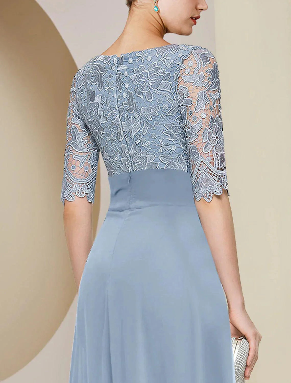 Vestido de mãe da noiva com bainha/coluna, para convidada de casamento formal, elegante, decote em V, comprimento até ao joelho, chiffon, renda, meia manga com aplicações