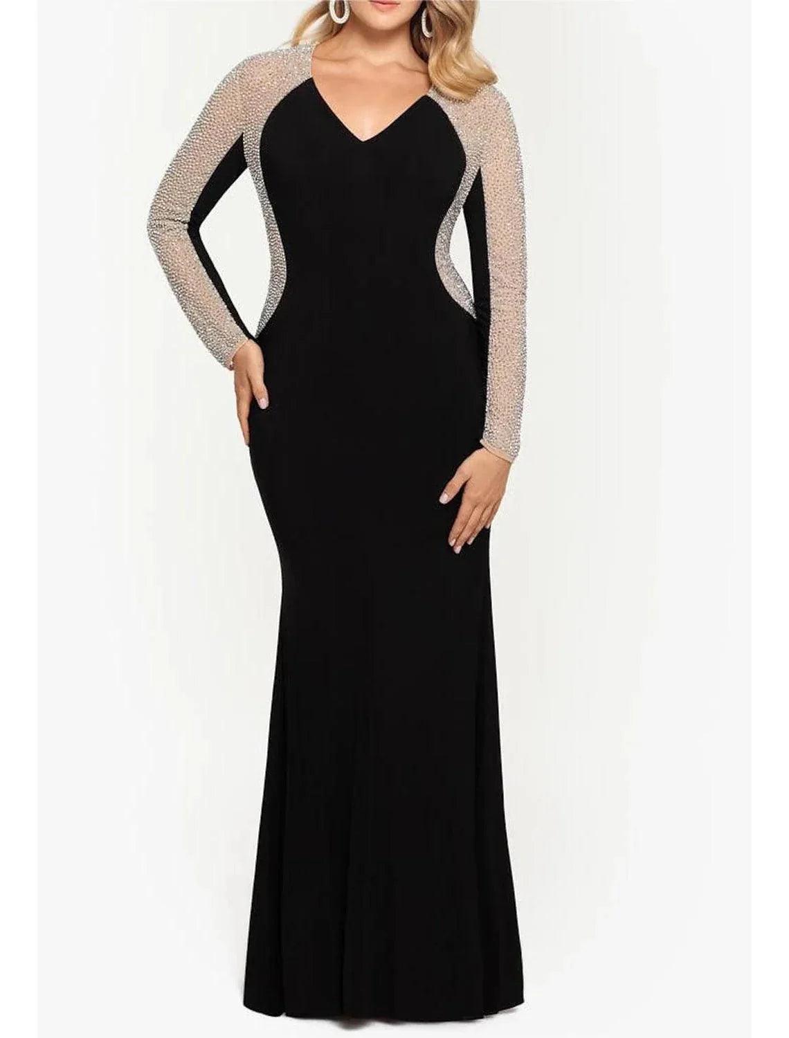 Vestido sereia/trompete para mãe da noiva, convidada de casamento, vintage, luxuoso, com brilho e decote em V, comprimento até ao chão, veludo, manga comprida com cristais