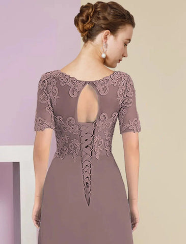 Zweiteiliges A-Linien-Kleid für die Mutter der Braut, formelle Herbsthochzeitsgäste, elegant, hoher und niedriger V-Ausschnitt, asymmetrisch, knielang, Chiffon, Spitze, kurze Ärmel, 3/4-Ärmel, Wickelkleid inklusive Applikationen