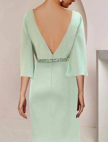 Meerjungfrau/Trompete Kleid für die Mutter der Braut, Hochzeitsgast, Party, elegant, U-Ausschnitt, knielang, Stretch-Chiffon, 3/4-Ärmel mit Perlen