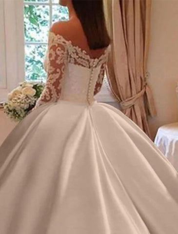 Verlobungs- und formelle Herbst-Brautkleider Ballkleid, schulterfrei, langärmlig, Kapellenschleppe, Satin-Brautkleider mit Applikationen, einfarbig