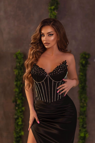 Classic Black Long Mermaid Beads Sweetheart Satin Prom Dress with Slit