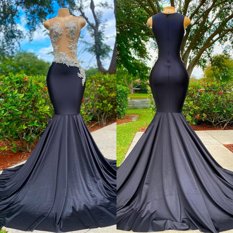 Classic Black Sleeveless Strapless Applique Mermaid Long Evening Dresses