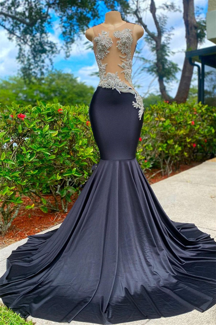 Classic Black Sleeveless Strapless Applique Mermaid Long Evening Dresses