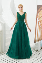 Classic Long A-line V-neck Tulle Prom Dress