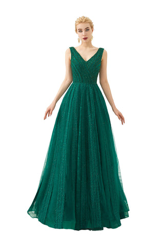 Classic Long A-line V-neck Tulle Prom Dress