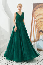 Classic Long A-line V-neck Tulle Prom Dress
