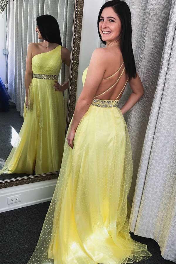 Vestido de festa comprido amarelo clássico com um ombro só e franzido PG856
