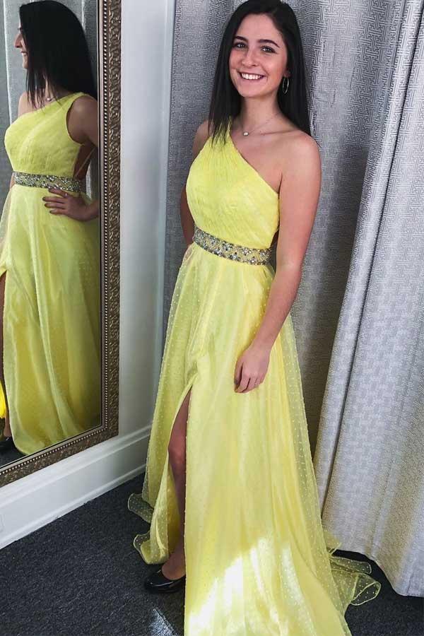 Vestido de festa comprido amarelo clássico com um ombro só e franzido PG856