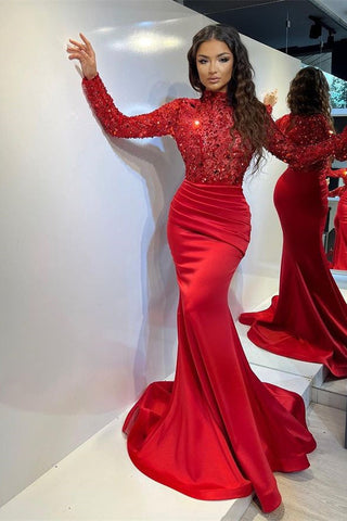 Klassisches rotes Meerjungfrau-Abendkleid aus Satin mit langen Ärmeln und Perlen