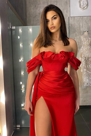 Classic Red Long Mermaid Off The Shoulder Ruffles Satin Prom Dress with Slit