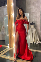 Classic Red Long Mermaid Off The Shoulder Ruffles Satin Prom Dress with Slit