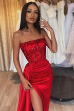 Classic Red Long Mermaid Strapless Sequins Satin Prom Dress with High Split