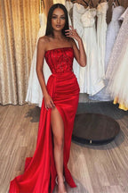 Classic Red Long Mermaid Strapless Sequins Satin Prom Dress with High Split