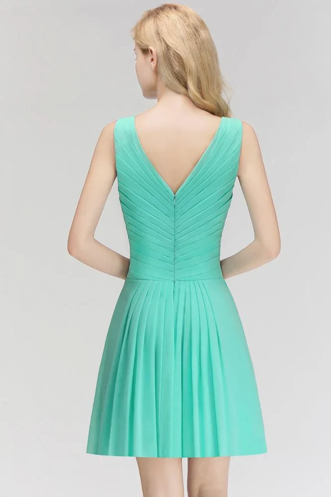 Klassisches V-Ausschnitt Blumenkleid Minilänge Cocktailkleid Ärmelloses Chiffon Kniehohes Ballkleid