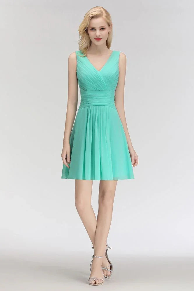 Klassisches V-Ausschnitt Blumenkleid Minilänge Cocktailkleid Ärmelloses Chiffon Kniehohes Ballkleid