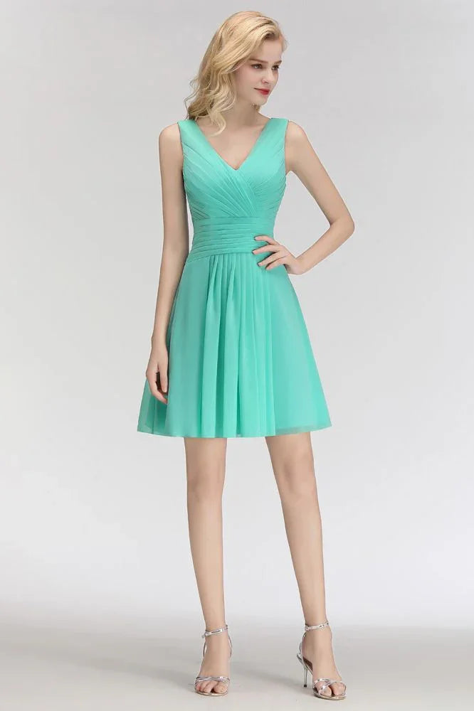 Klassisches V-Ausschnitt Blumenkleid Minilänge Cocktailkleid Ärmelloses Chiffon Kniehohes Ballkleid