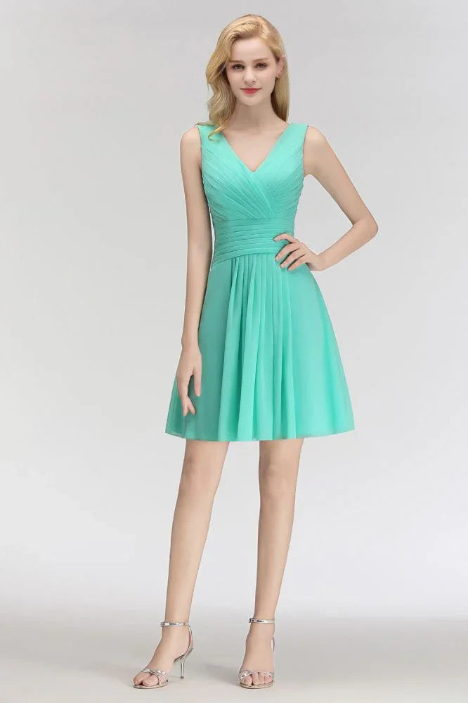 Klassisches V-Ausschnitt Blumenkleid Minilänge Cocktailkleid Ärmelloses Chiffon Kniehohes Ballkleid