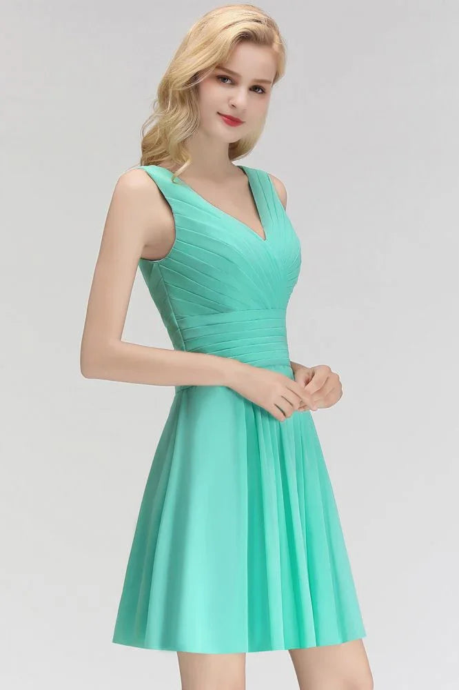 Klassisches V-Ausschnitt Blumenkleid Minilänge Cocktailkleid Ärmelloses Chiffon Kniehohes Ballkleid