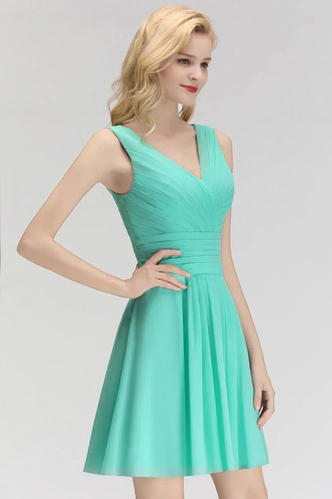 Klassisches V-Ausschnitt Blumenkleid Minilänge Cocktailkleid Ärmelloses Chiffon Kniehohes Ballkleid